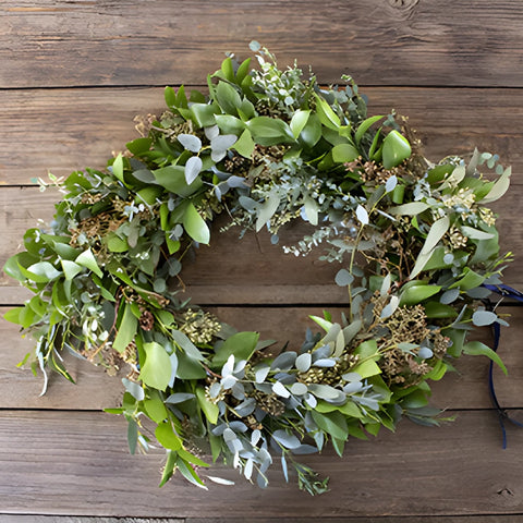 Floppy greenery mix wreath flatlay