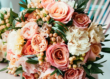 Coral and White Carnations and Roses up close