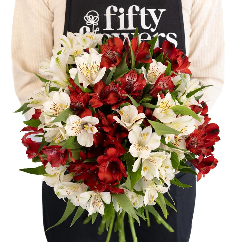 White And Red Alstroemeria Valentines Flowers Vase - Image